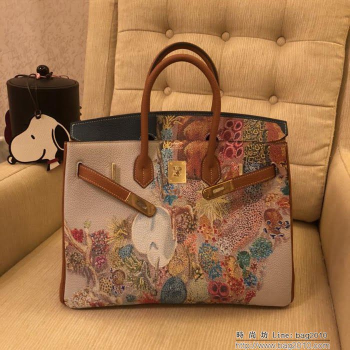 HERMES愛馬仕 Birkin鉑金包 頂級蕾絲拼接皮 Togo彩繪 完美手工 時尚手提包  Ama1043